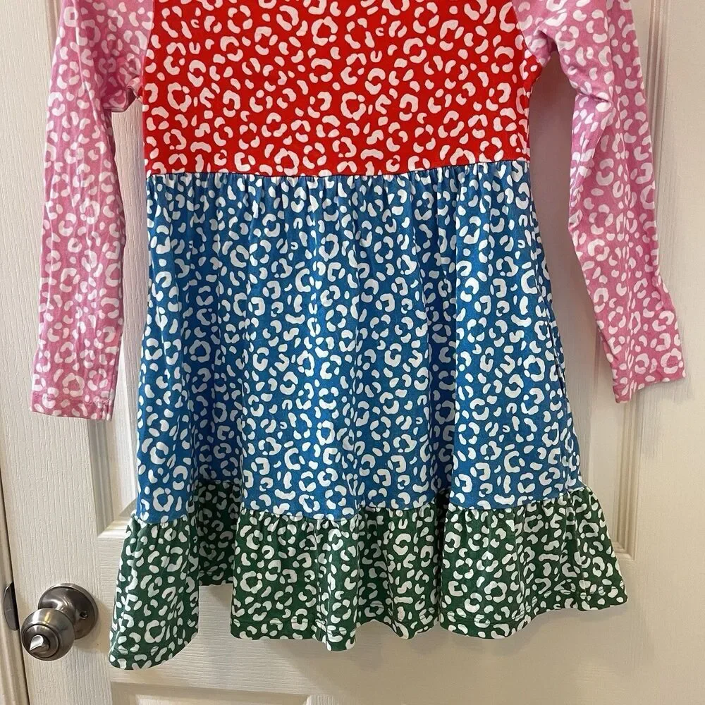 Mini Boden Colorblock Cheetah Print Dress Long Sleeve Ruffle Girls Size 7-8